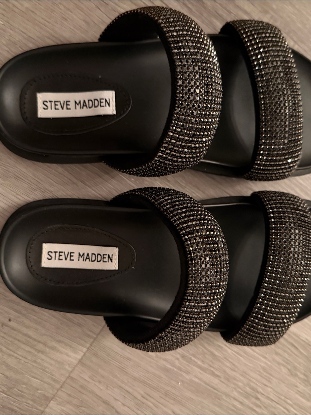 Steve Madden Black Crystal Double-Band Slide Sandals